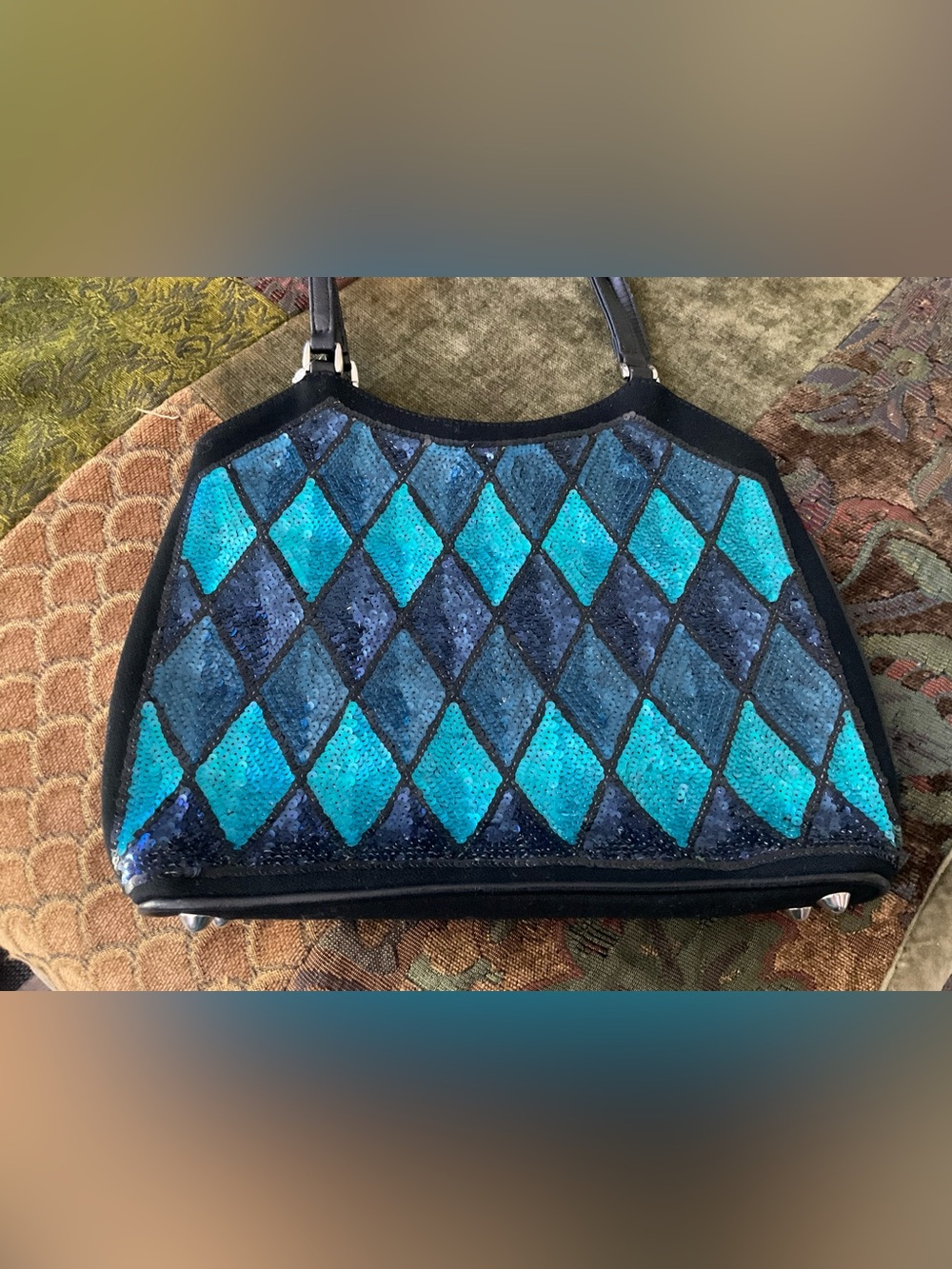 Isabella Fiore Teal and Navy Sequin Diamond-Pattern Shoulder Bag